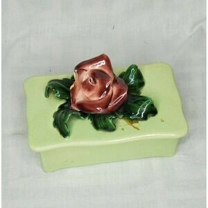 Vintage 1950s Johannes Bram of California Ceramic  Green With Rose Trinket Dish